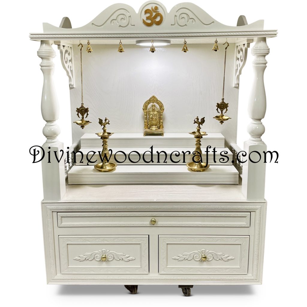 White Custom Pooja Mandir- Open Design W/ OM Carving 1